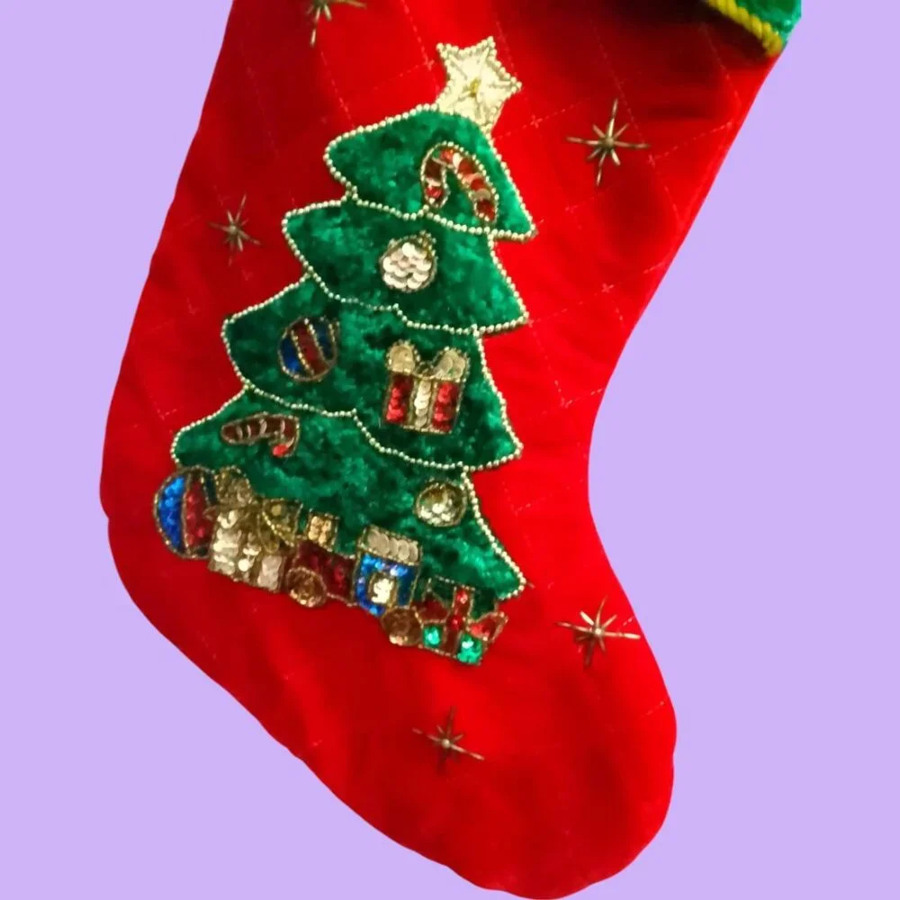 Oversized Christmas festive embellished holiday stocking in red, green and gold